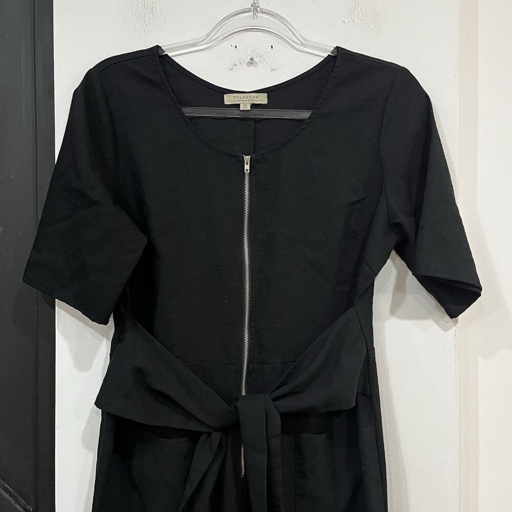 Polagram Black Front Zip Tie Waist Short Sleeve Jumpsuit Size Medium